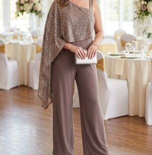 NWT R&M Mocha One-Shoulder Sequins Jumpsuit Size 18